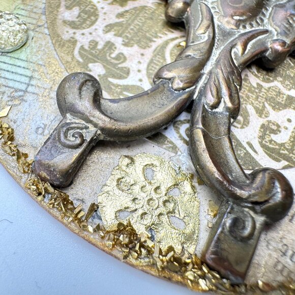 Handcrafted Ornament OOAK Collage Clear Crystal Gold Green Accents 3" Ribbon - Picture 8 of 11